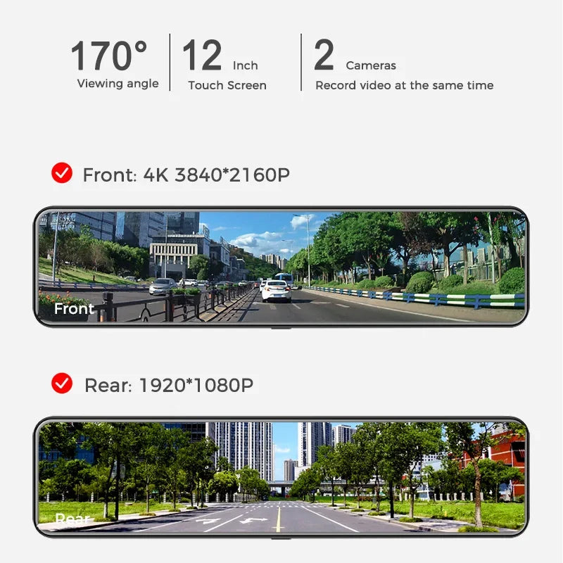 OBDPEAK 12 Inch 4K UHD 2160P Car DVR Mirror Video Recorder  Touch Screen Dashcam For Car Dual Lens GPS Track WiFi 24h Parking