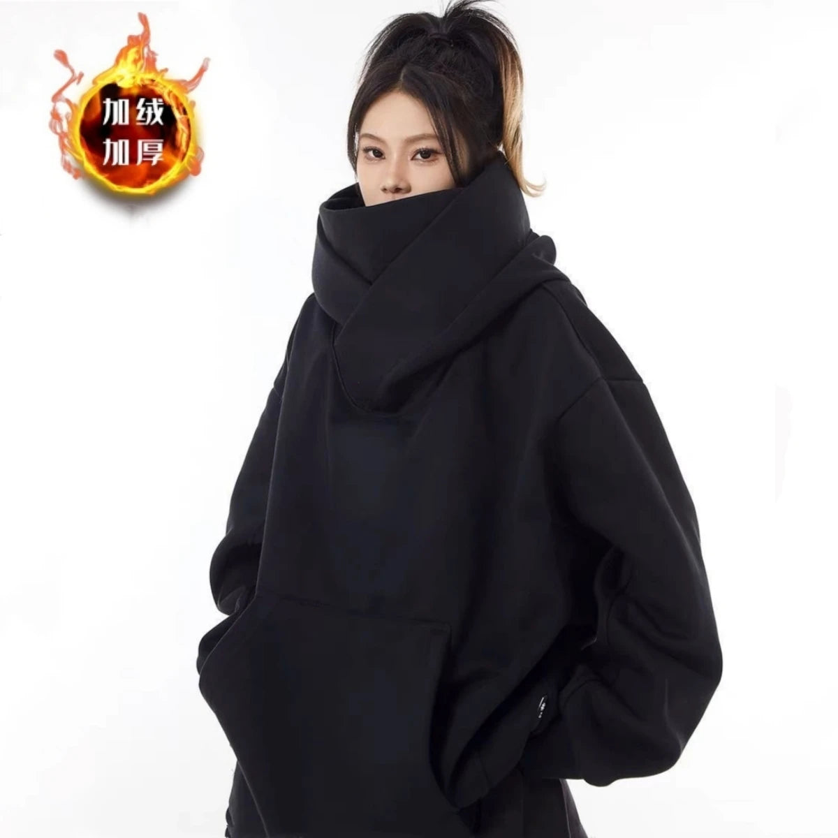 Men’s Solid Color Ninja Hoodie – Vintage Turtleneck Fleece Oversized Sweatshirt for Autumn Y2K Streetwear
