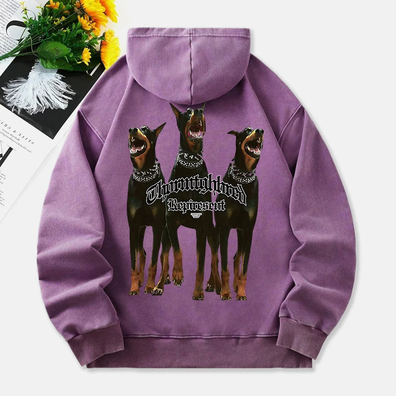 Doberman Pinscher Washed Hoodies Women 3 Dogs Printing Cotton Streetwear Oversize Pocket Warm Pullovers Winter Womans Clothes