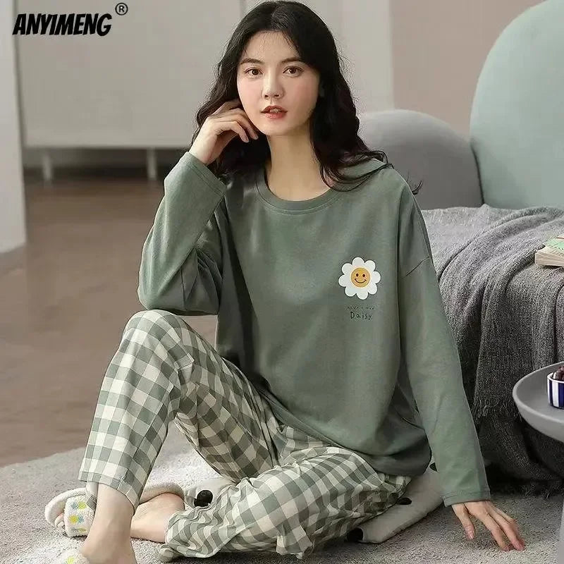 M-5XL Big Size Autumn Spring Pajamas Set for Women Kawaii Printing Sleepwear for Girl Fashion