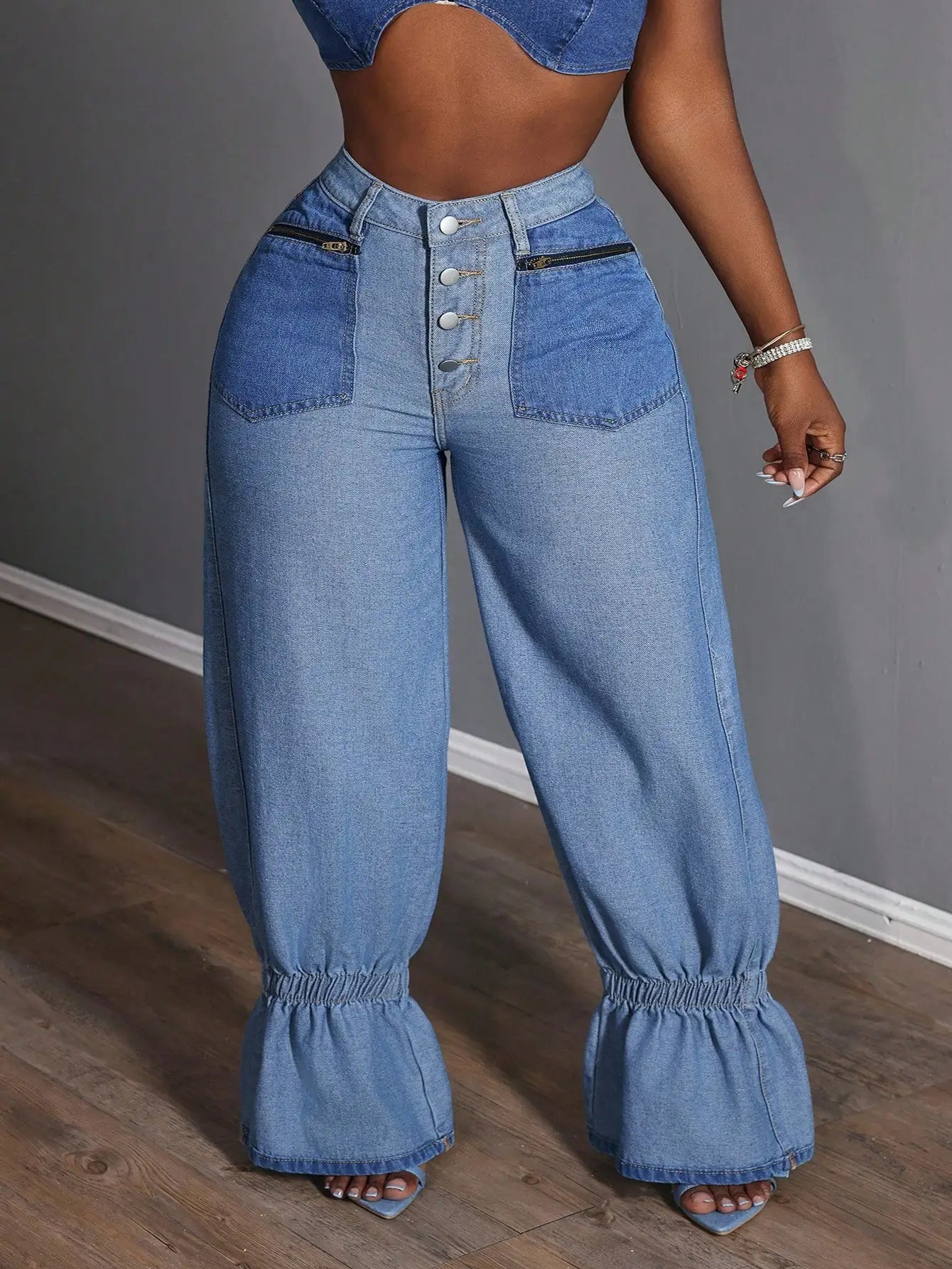 Plus-Size Ruffle-Hem Denim Jeans — Zipper Pocket Loose Casual Fit — front view