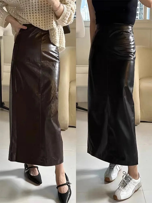 85 cm Long Ankle Length Leather Skirt for Women 100% Leather Straight Skirts Femme Casual Back Split Maxi Jupes Winter Clothing