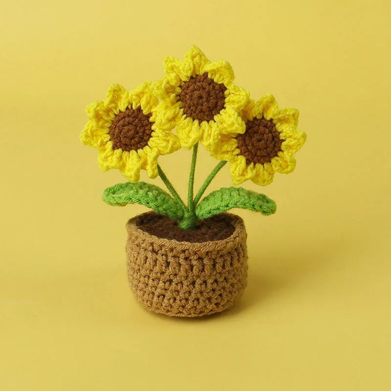 Home Decor Crochet Sunflower in Pot — Hand-Knitted Faux Flower Graduation Gift & Shelf Accent
