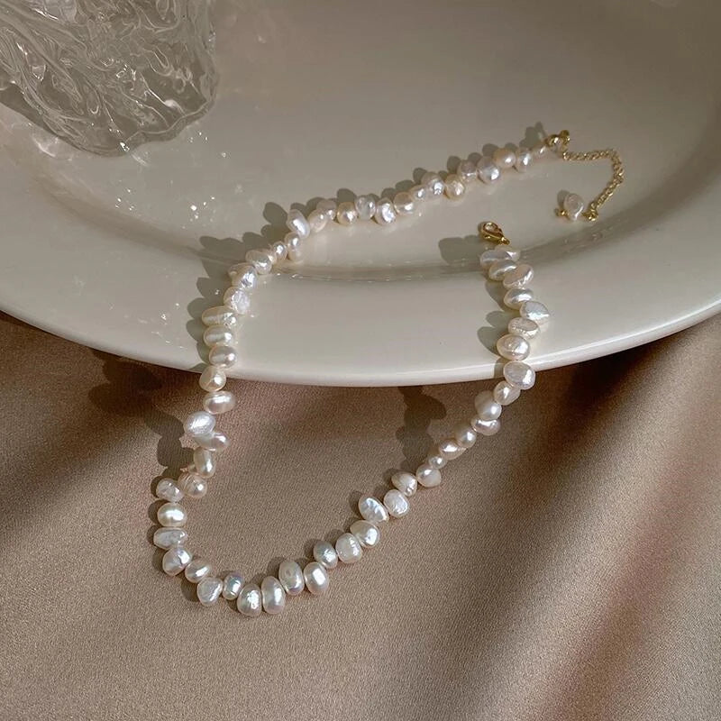 Pearl Baroque Choker Necklace — White Collarbone Chain Wedding & Fashion Piece — view 5 of necklaces