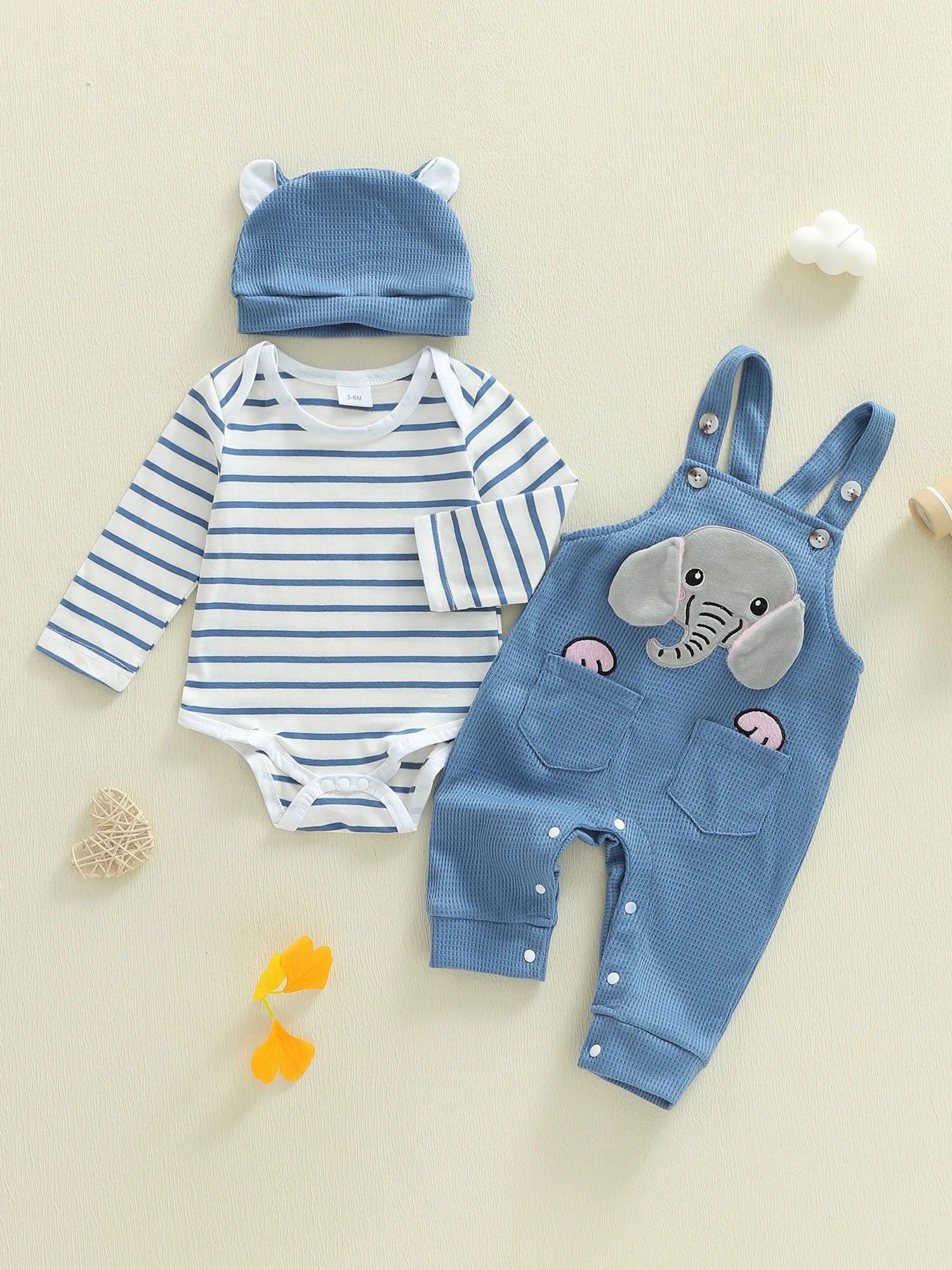 Infant Boys Striped Elephant Suspender Set - 3-Piece Romper Outfit — view 1 of infant sets