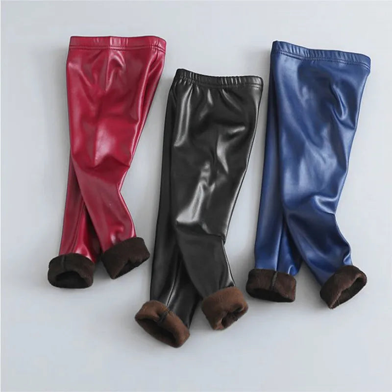 Toddler Girls Fleece Leather Pant for 4-11 Years Old Kids Tight Leggings Winter Warm