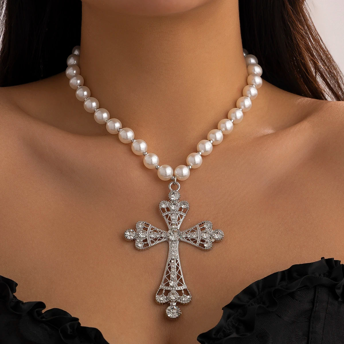 Pearl & Goth Cross Pendant Choker Necklace — Imitation Pearl Y2K Statement — view 6 of necklaces