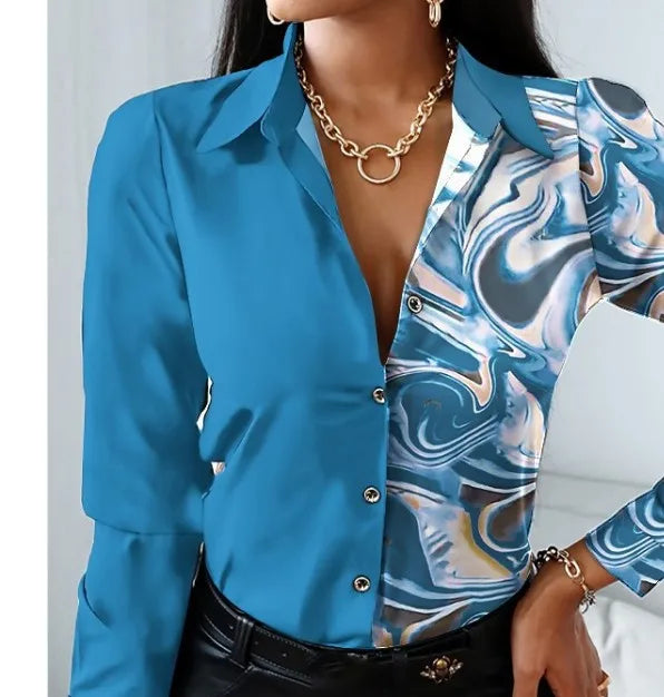 Women casual office printed shirt spring and autumn fashionable button up long sleeved shirt elegant splicing slim fit top women