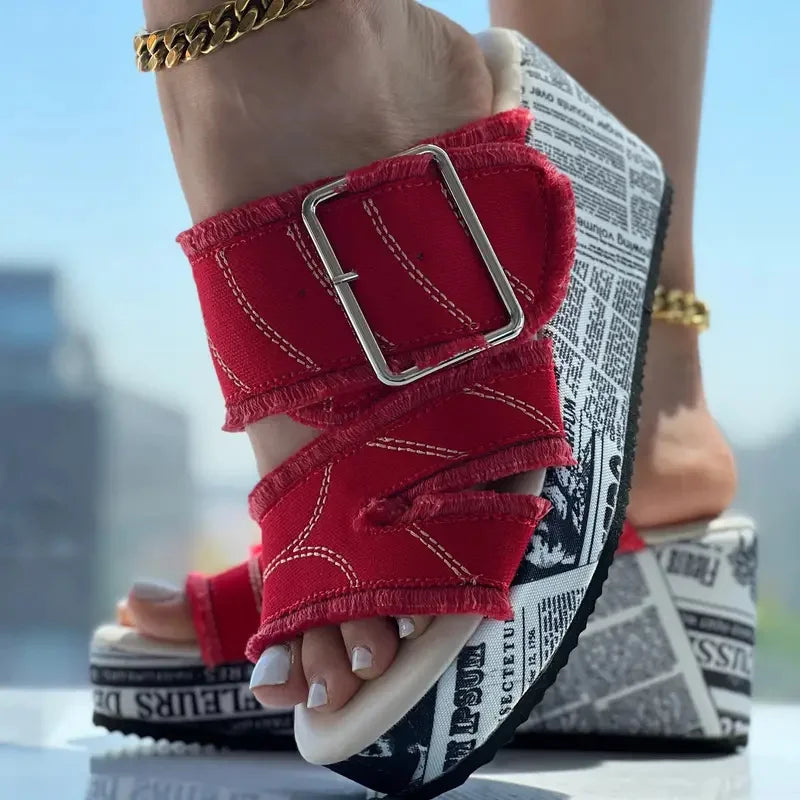 Sandals & Slides — Buckled Denim Platform Wedge Sandals, Y2K Vacation Slides — view 4 of sandals & slides