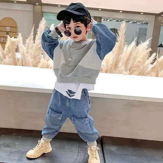 Korean Children's Clothing Autumn 2-8 Y Fashion Kids Clothes Boys Spring Denim Suit for Kids Sweatshirts+Jeans Two-piece Sets