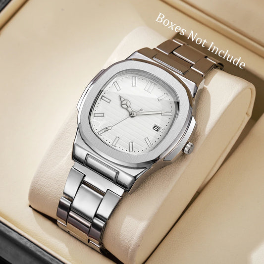 Men's Business Square Dial Watch — Stainless Steel Quartz Calendar Wristwatch — view 1 of watches