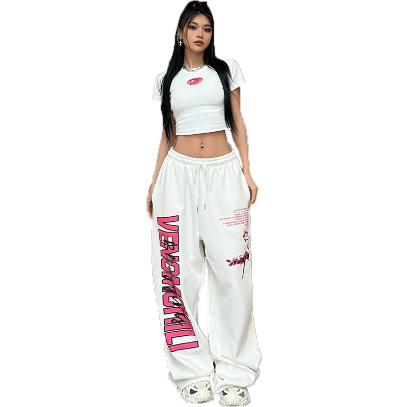 New Y2K Streetwear White Track Pants Women Harajuku Hippie Wide Leg Sweatpants Oversize