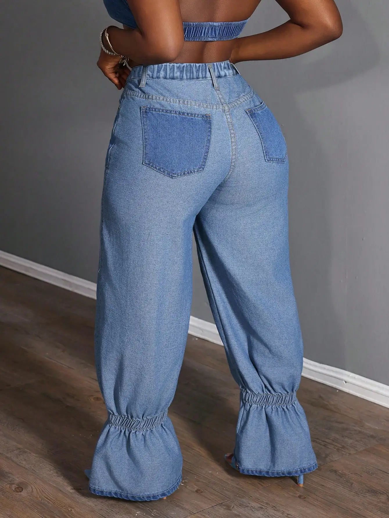 Plus-Size Ruffle-Hem Denim Jeans — Zipper Pocket Loose Casual Fit — variant view 4