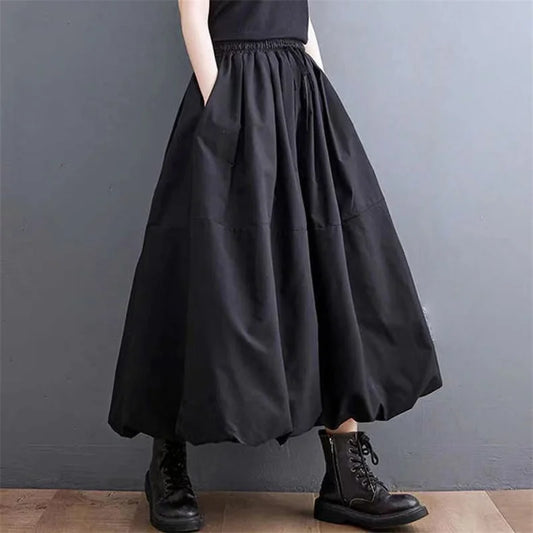 Vintage Loose Skirt Women Solid Color Ankle Length Skirts Female Casual Fashion Robe High Waist Jupe