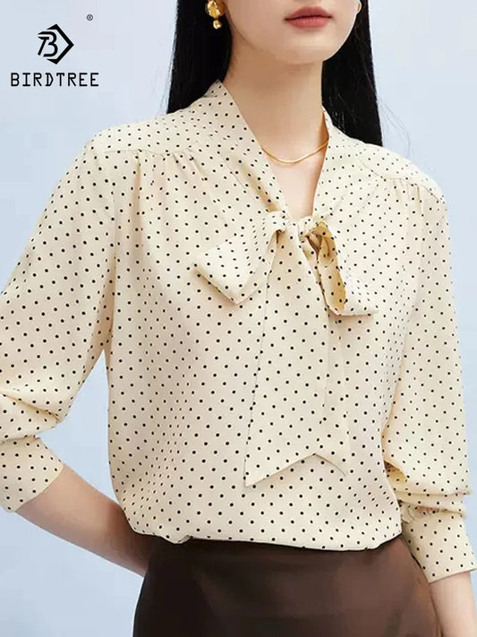 BirdTree 100% Mulberry Silk Dot Print Blouse – Women’s Long Sleeve French Style Shirt (2024)