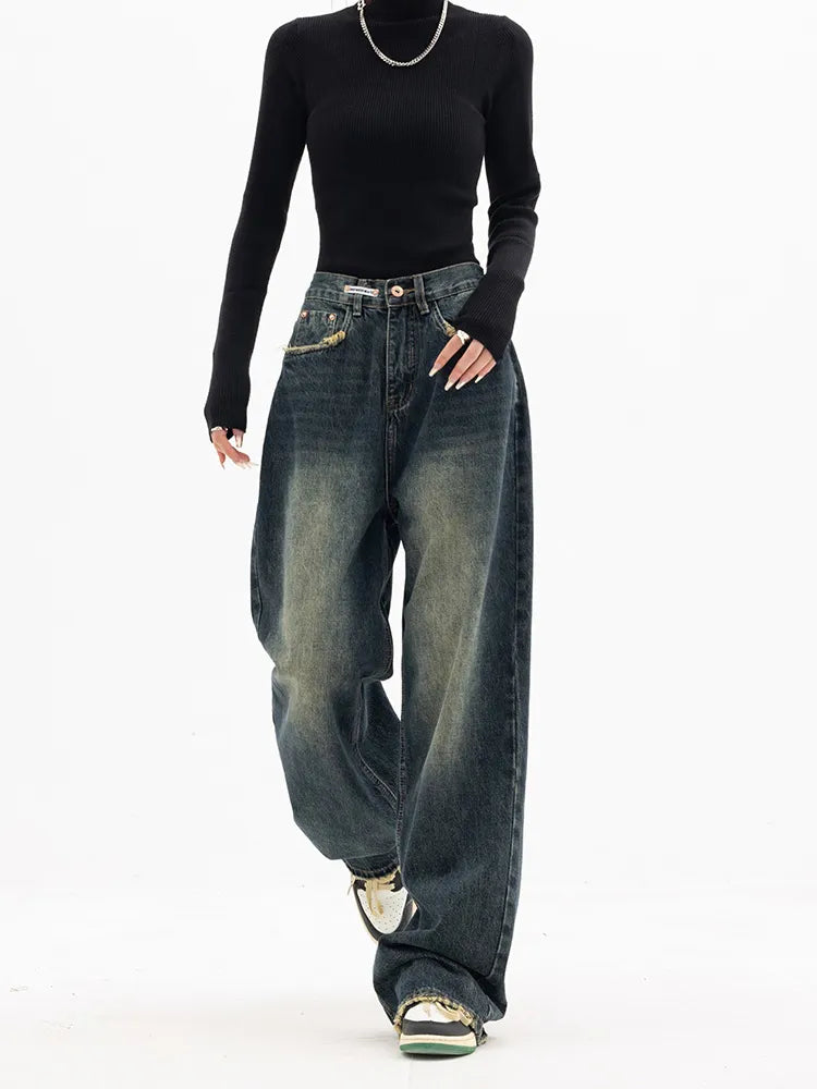 Y2K Women Vintage Streetwear Korean Baggy Blue Jeans