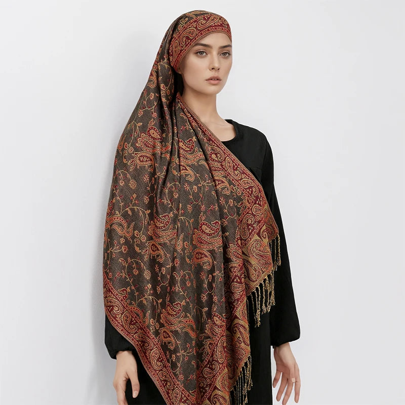 Pashmina Scarf European Bohemia Paisley Jacquard — Museum-Piece Cashmere Shawl Wrap 70×190cm — view 7 of scarves & wraps