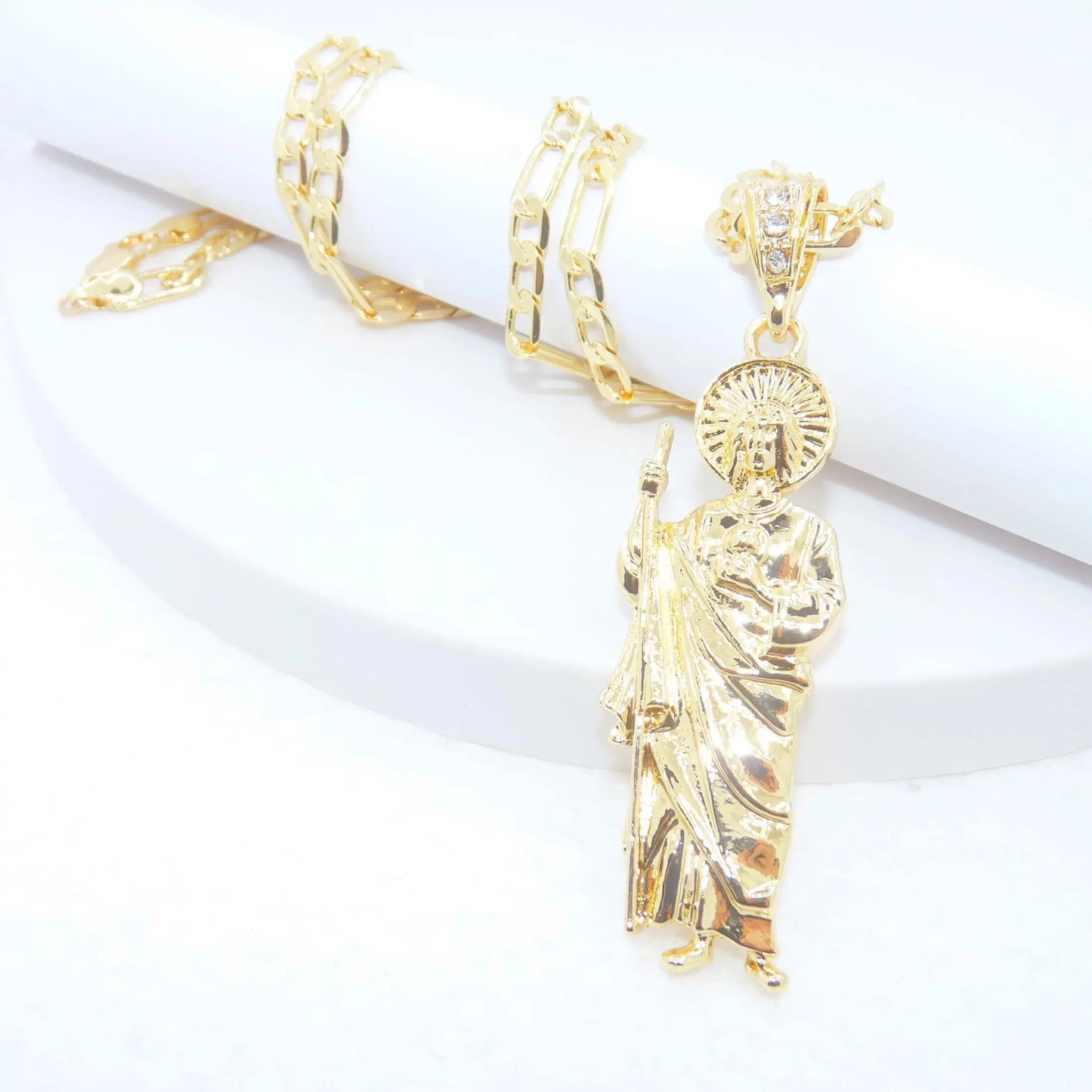 Saint Jude Necklace — 14K Gold Plated San Judas Pendant Figaro Chain Jewelry — view 7 of jewelry