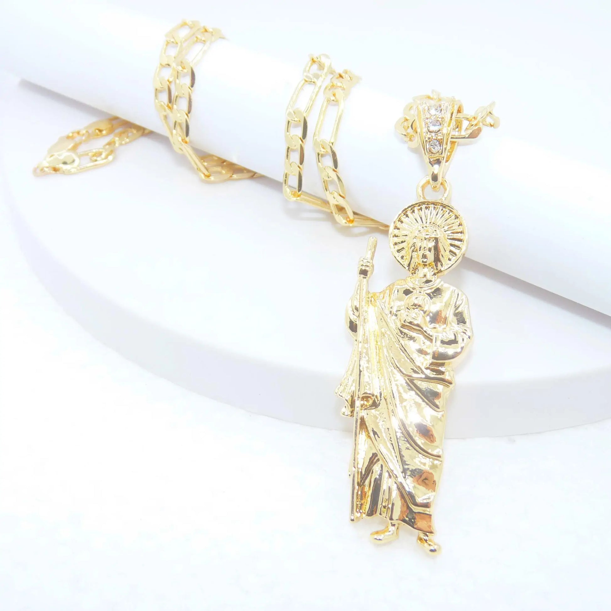 Saint Jude Necklace — 14K Gold Plated San Judas Pendant Figaro Chain Jewelry — view 7 of jewelry