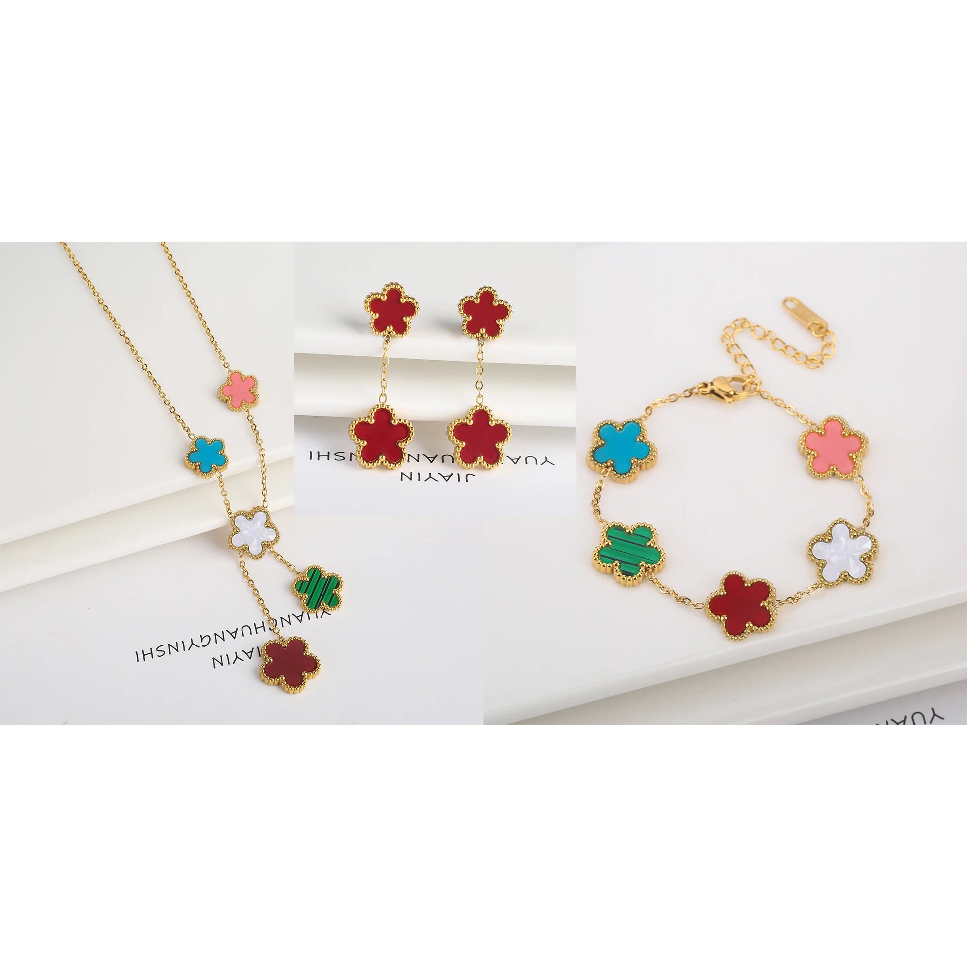 3-Piece 18K Gold-Plated Five-Leaf Flower Jewelry Set Necklace Earrings & Bracelet Clover Pendant Set — view 5 of jewelry sets