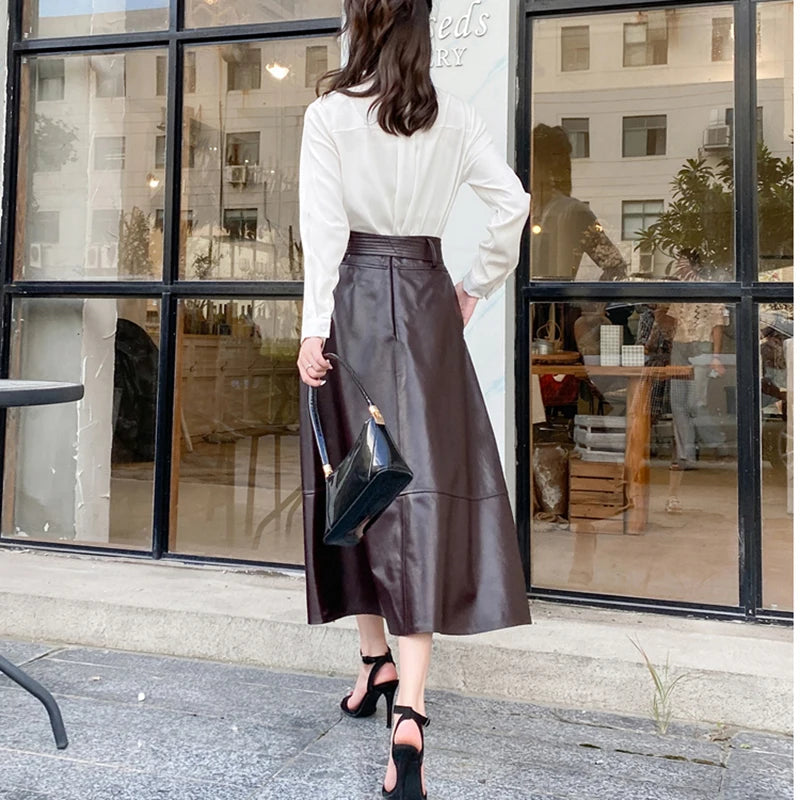 New Jupe Femme Genuine Leather Lange Rokken Women Sheepskin Large Hem High Waist Plus Size Long Skirt Black/Dark Red Flada Mujer