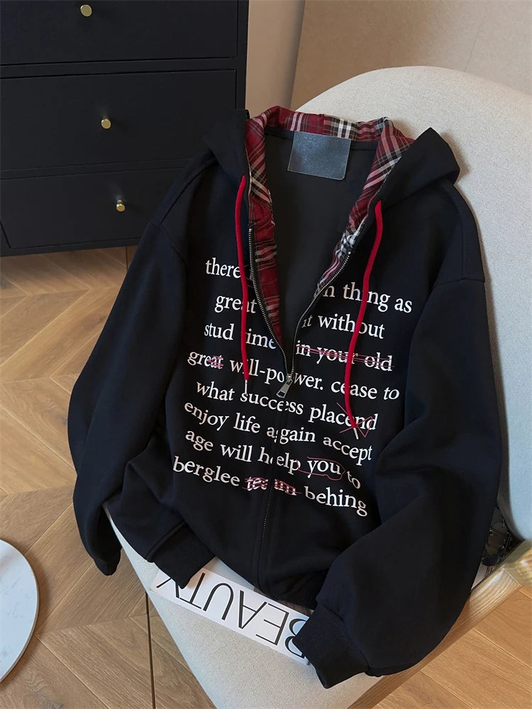 Black Women Sweatshirt Coat Hooded Vintage Long Sleeve Korean Fashion Casual Y2K Style 2024 Autumn NEW Female Solid Black Tops