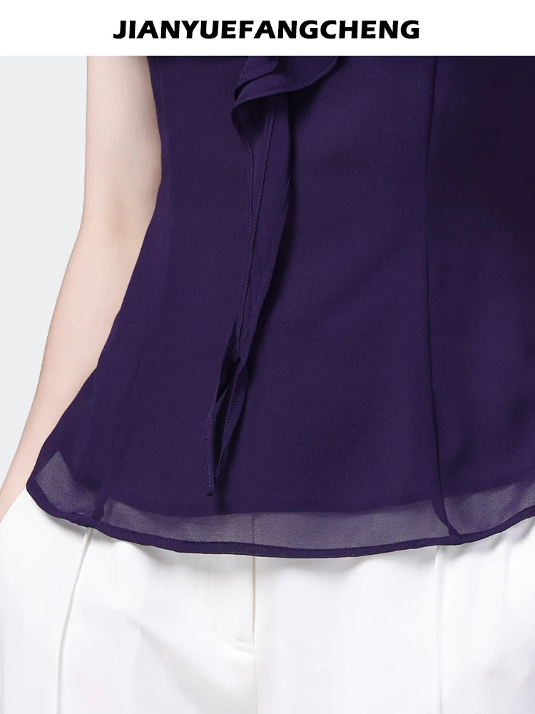 2024 Summer Women Short Sleeve V-neck Ruffle Chiffon Tops Elegant Slim French Style Female Purple Casual Office Blouses