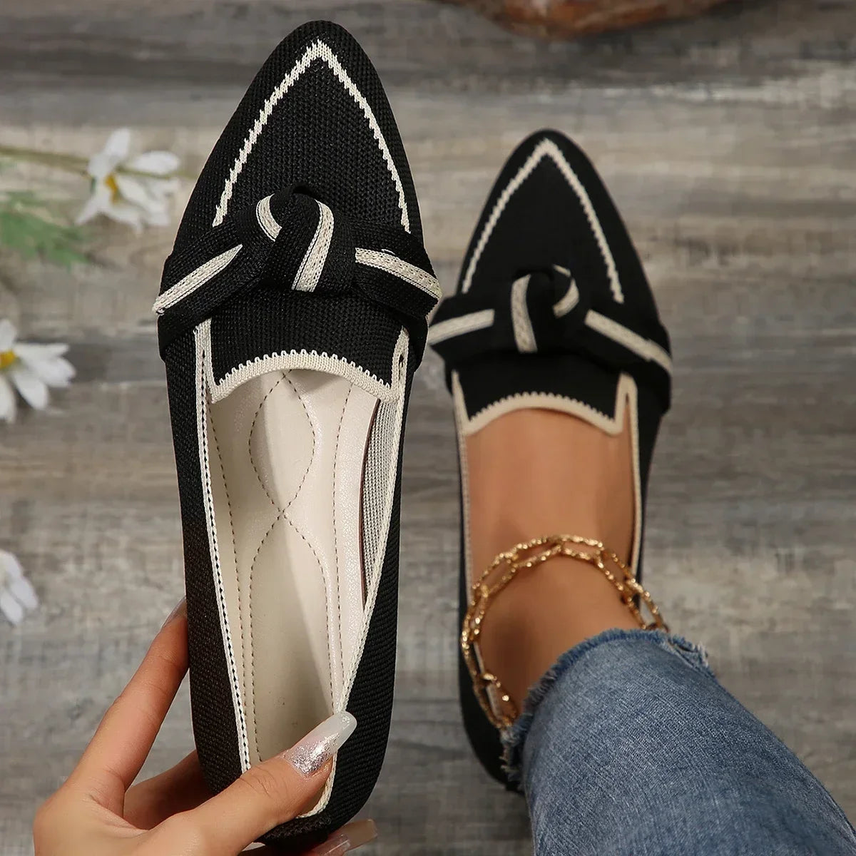 Flats & Ballet — Knit Pointed-Toe Quiet-Luxury Flats, Breathable Solid-Color Slip-Ons — view 8 of flats & ballet