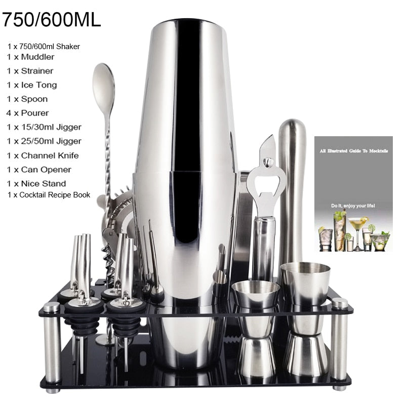 1-14 Pcs Stainless Steel Cocktail Shaker Set – 600ml/750ml Mixer for Drinks