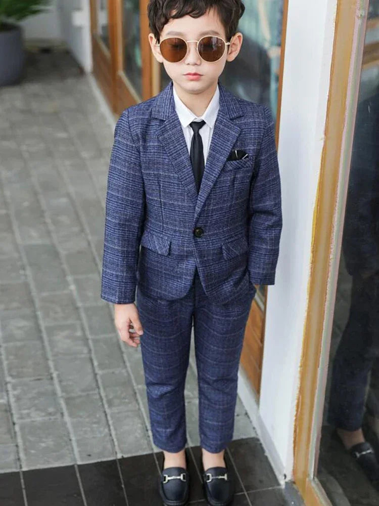 Kids Pant Blazers Set Spring Autumn New Boys Casual 2pcs Suits Jackets Plaid Single Button Children Party Wedding Clothes 3-11y