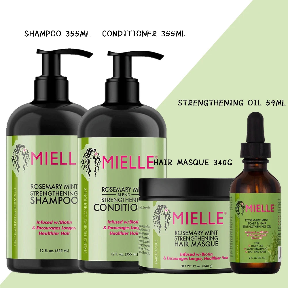 4-in-1 Mielle Rosemary Mint Hair Care Set – Shampoo, Conditioner, Strengthening Hair Masque, & Scalp Oil