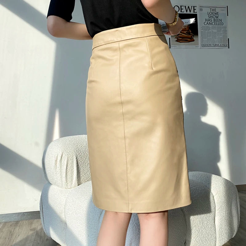 Lambskin Skirt for Women Commuting OL Simplified Vertical Cut 100% Leather Front Split Jupe Mujer Pockets Black Wrap Midi Skirt