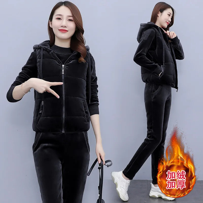 Winter Thick Velour Women Sport Suit Warm Hoodie Sweatshirt+pant+jacket Casual Jogger Running Outfit Set Sportswear Tracksuit