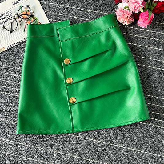 Genuine Leather Sexy Mini Skirt Women Spring Green/White Fashion High Waist Buttons Retro A-line Button Skirt