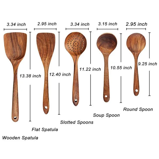 Teak Wooden Cooking Spoons Set — Smooth Non-Stick Kitchen Utensils (1-10 Pcs) — view 7 of dining & tableware