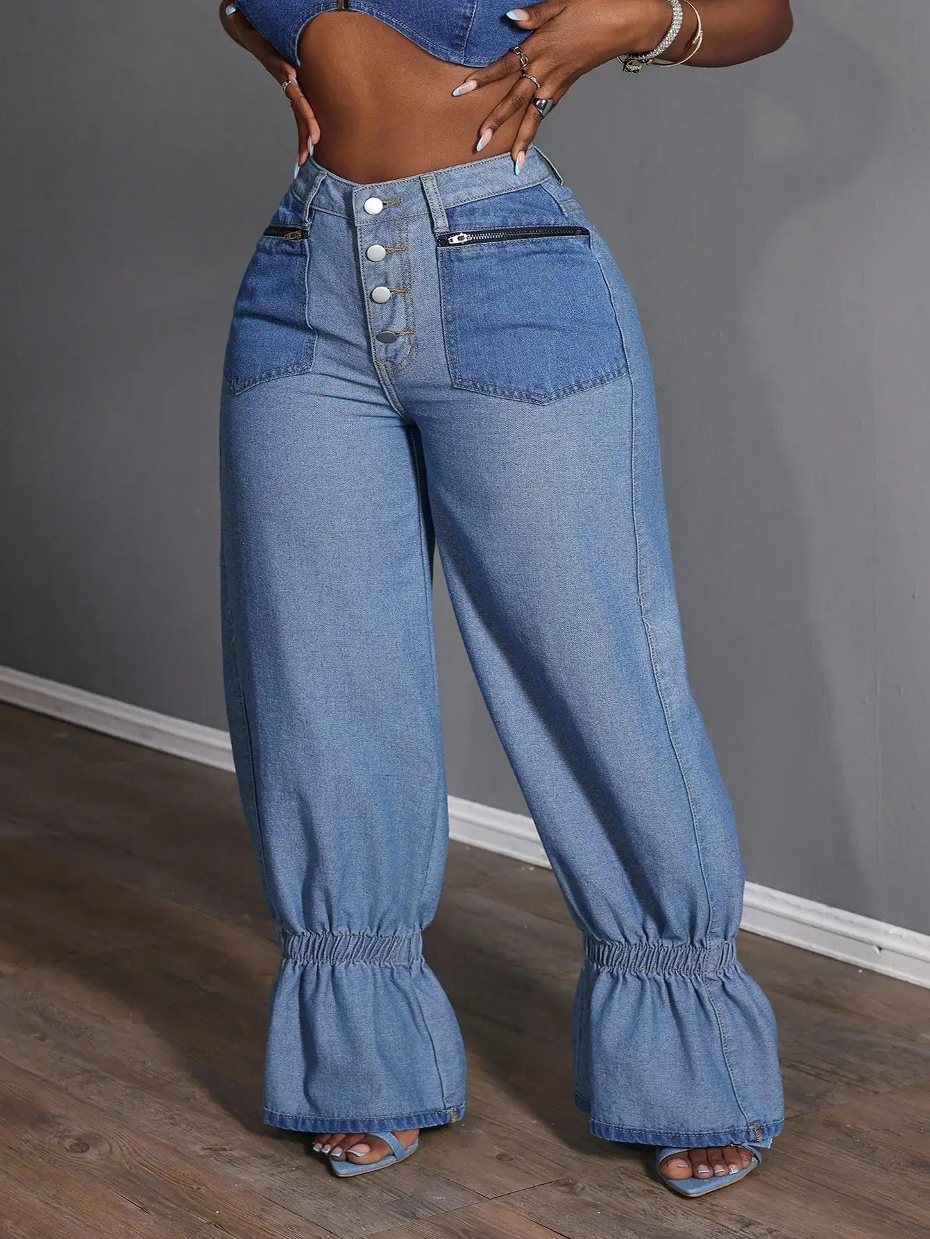 Plus-Size Ruffle-Hem Denim Jeans — Zipper Pocket Loose Casual Fit — variant view 5