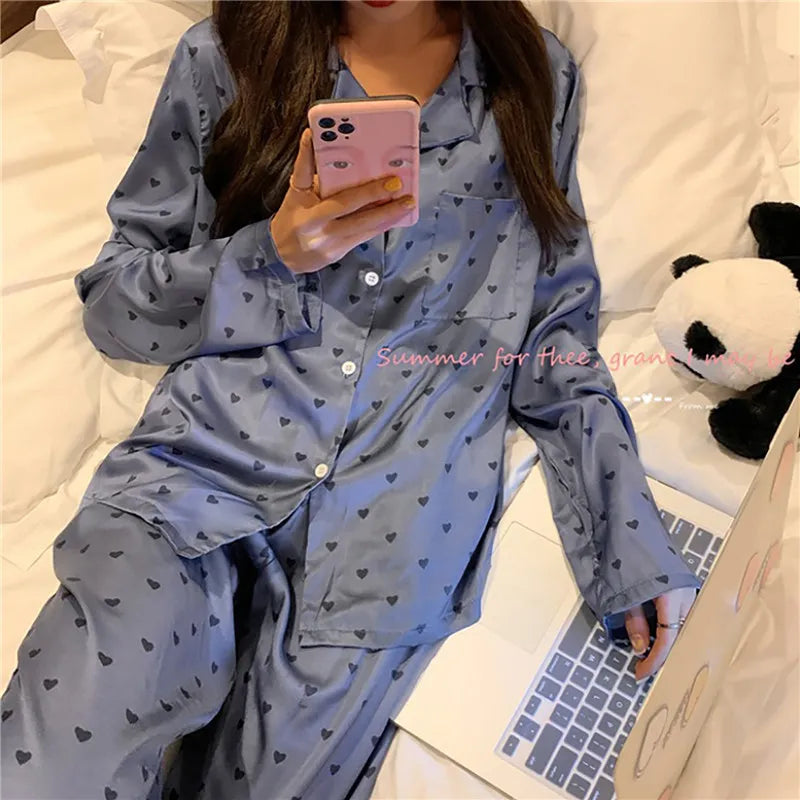 Pajamas Set for Women Luxurious Sweet Satin Pyjamas Woman Long Sleeve Shirt Long Pants Home Wear Ladies