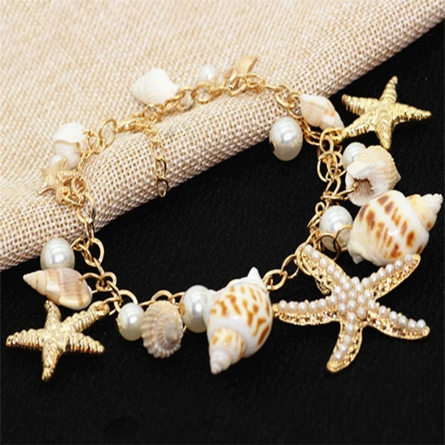 Gold Starfish & Seashell Charm Bracelet — Dainty Beach Jewelry for Women — view 7 of jewelry