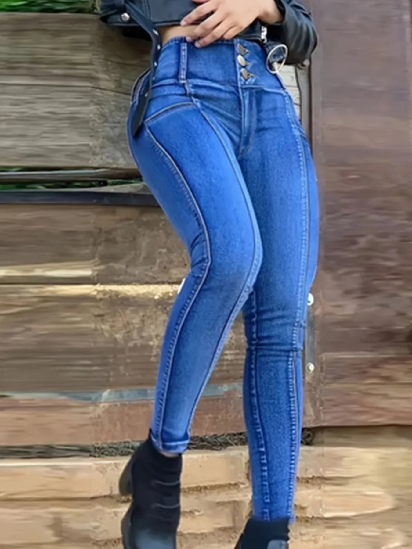 Royal Blue High-Waist Skinny Moto Jeans — Single-Button Pencil-Leg — front view