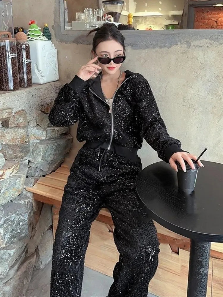 Women New Spring Sportswear Long Sleeve Zipper Sequined Hooded Jacket High Waist Straight Pants Running Tracksuit Two Piece Set