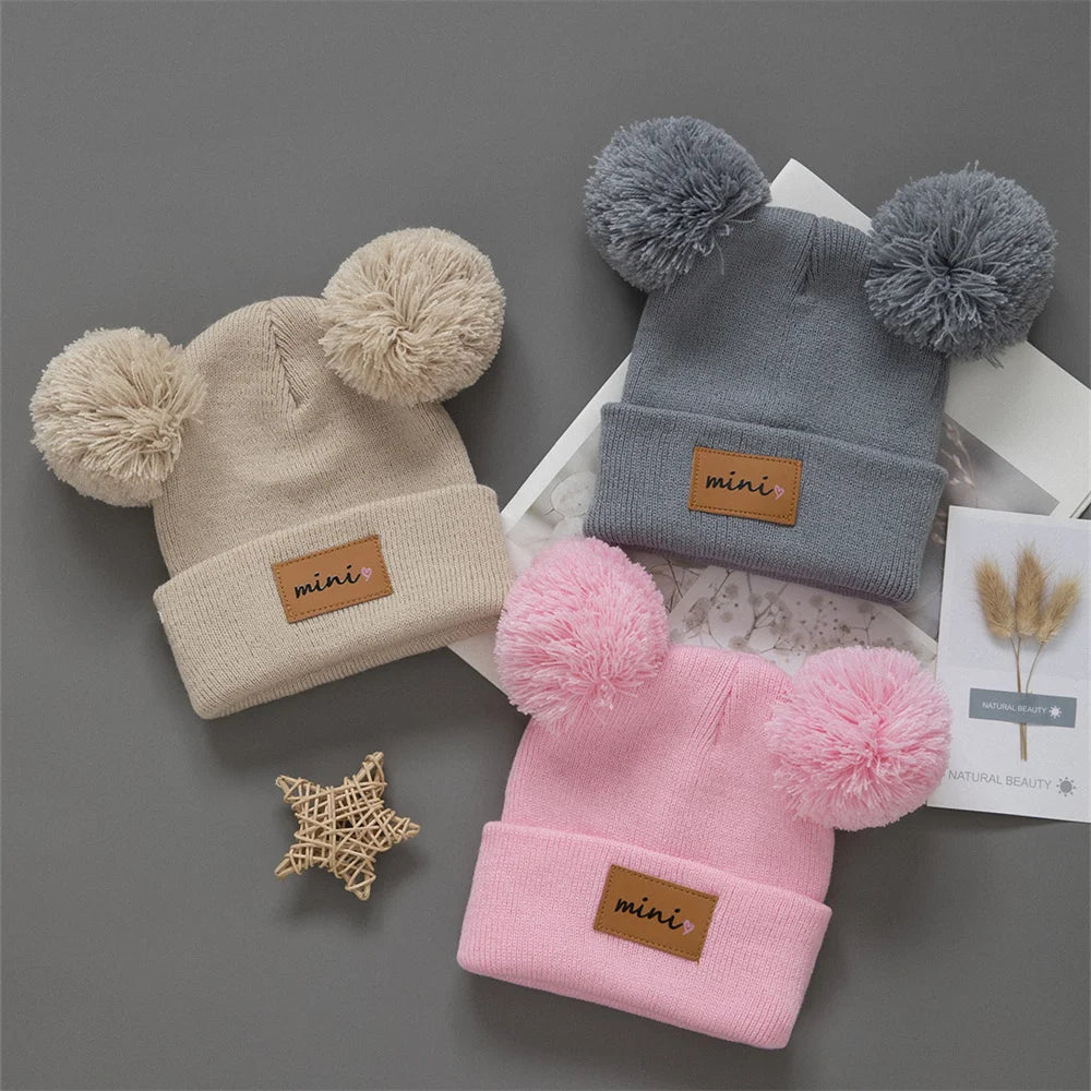 3pcs Infant Knit Beanie Bundle - Heart-Pompom Stretchy Caps in Mixed Colors — view 5 of baby hats