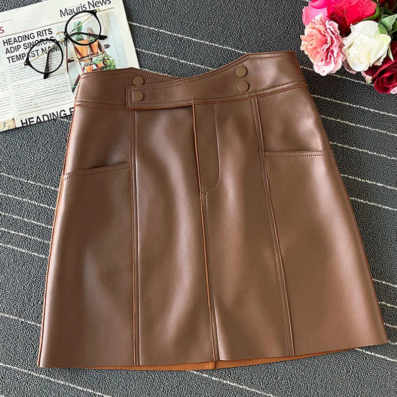 Women Fashion 2023 Spring Harajuku Sheepskin Leather Short Skirt Irregular Pocket A-line Sexy Mini White/Black Solid