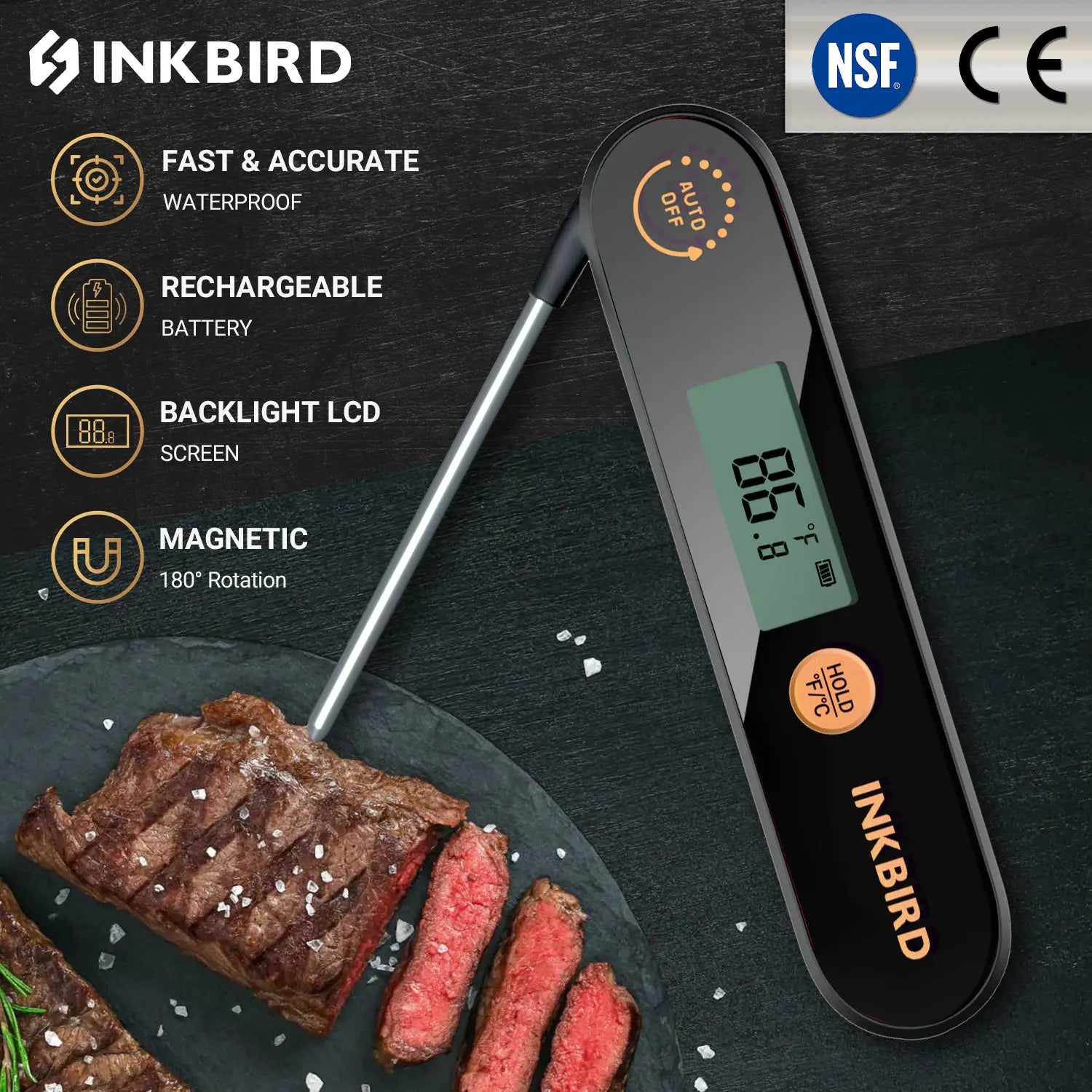 INKBIRD Waterproof Digital Meat Thermometer – Instant-Read Folding BBQ Thermometer with Backlight