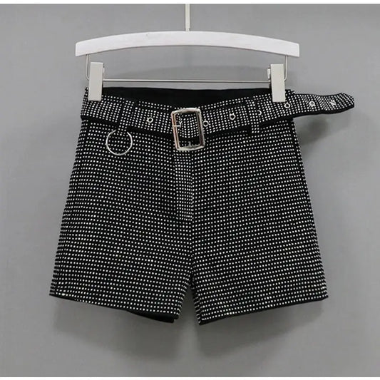 Women's Heavy Industry Shiny Diamond Shorts Streetwear 2023 Summer New Korea High Waist Shiny Casual Shorts With Belt Female