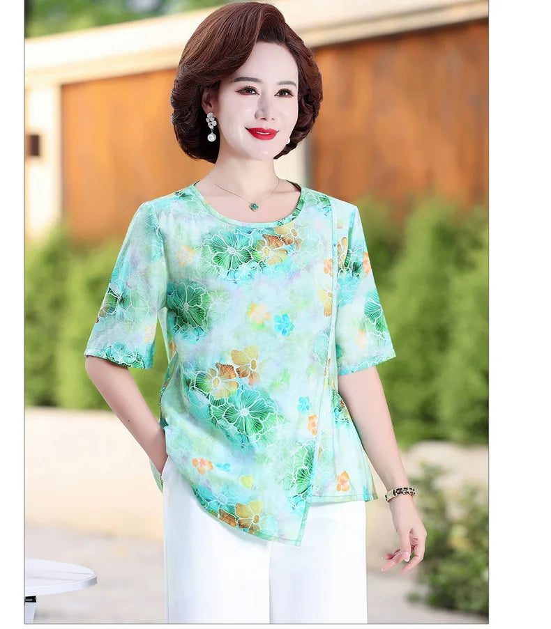 women Ladies Summer fashion printed T-shirt  mom gift plus size middle-aged and elderly summer loose t-shirt