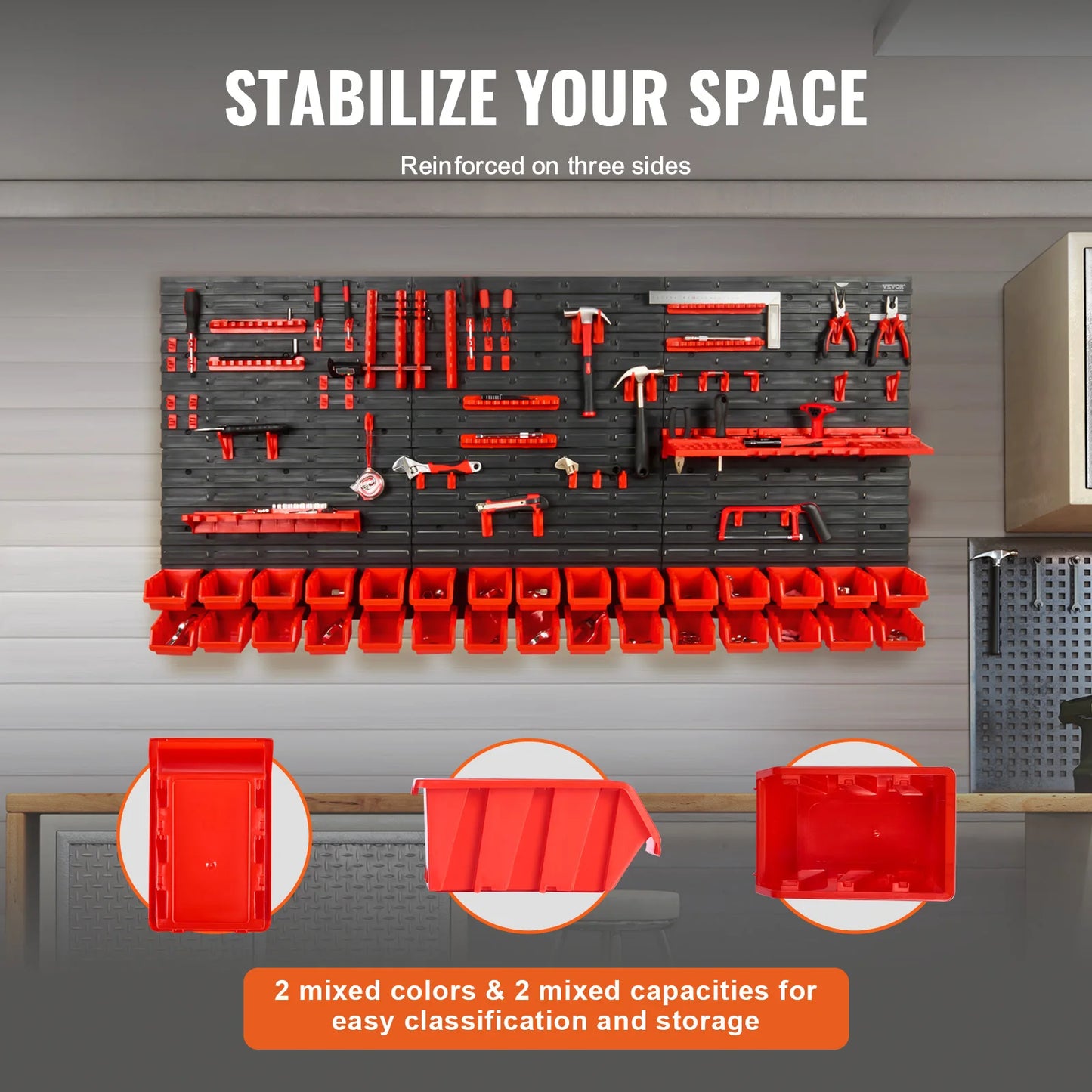 Storage Organizer Wall-Mount Parts Bin Rack — 30/48-Bin Garage Shop with Panels & Hooks — view 4 of storage & organisation