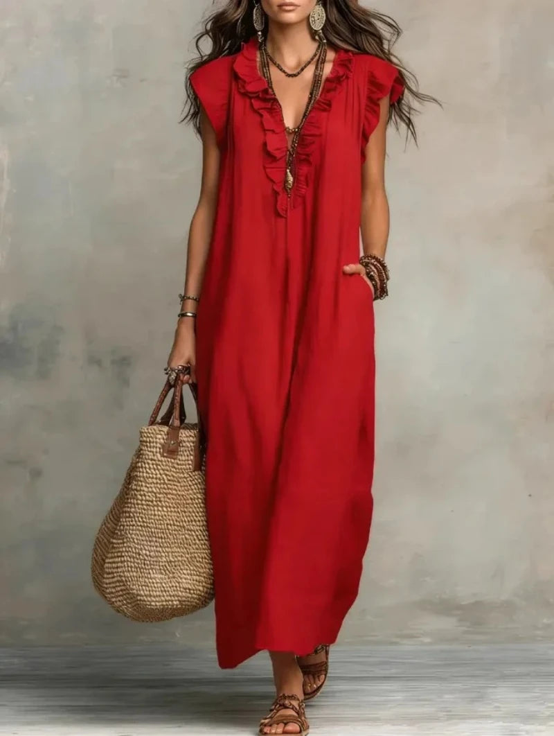 Women's Boho Linen-Blend Ruffle Maxi Dress, V-Neck & Pockets — view 7 of dresses