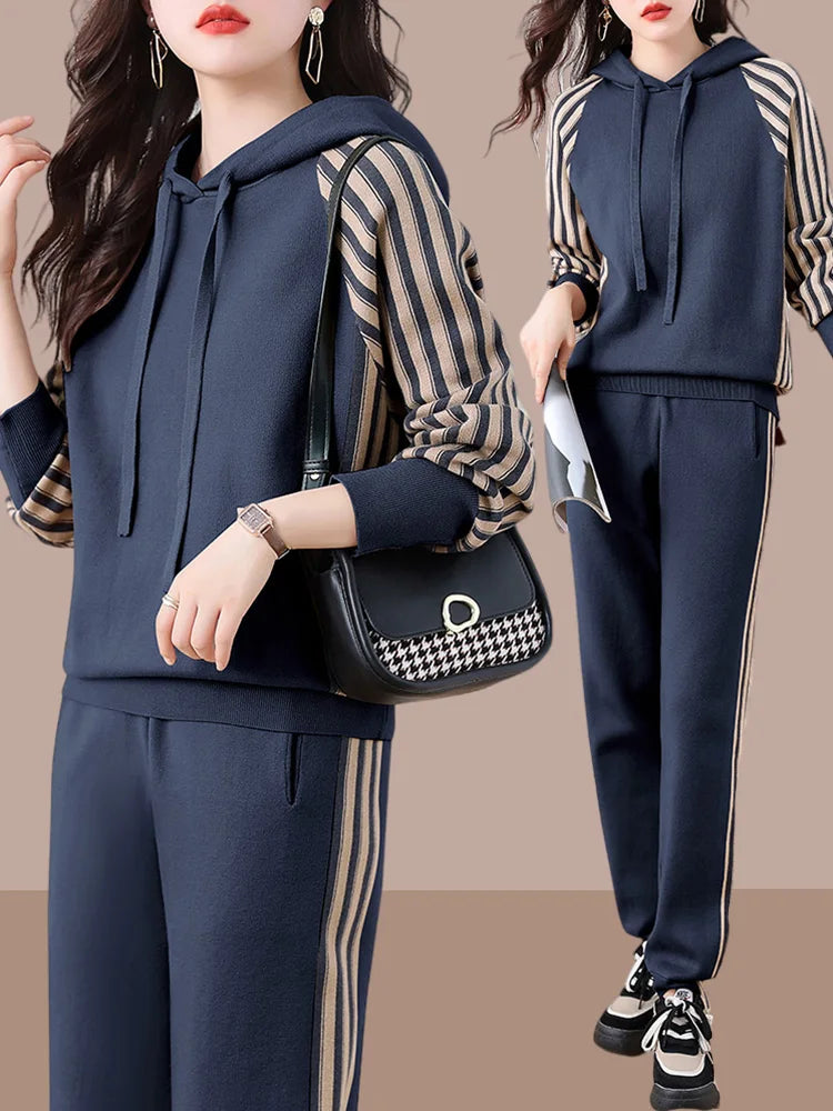 Autumn Women Tracksuit Sport Suit Knitted Long Sleeve Hoodie Sweater+pant Running Jogging Outfits Casual Workout Set Sweatsuit