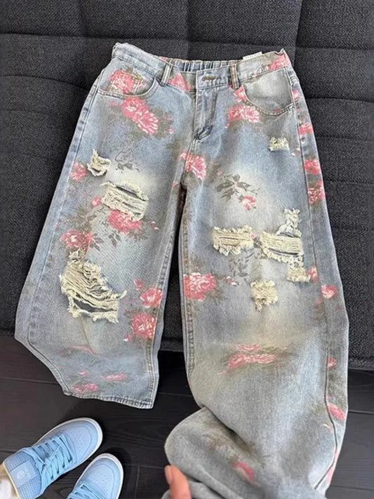 Y2K Vintage Floral Fringe Jeans — High-Waist Distressed Straight-Leg Denim — front view