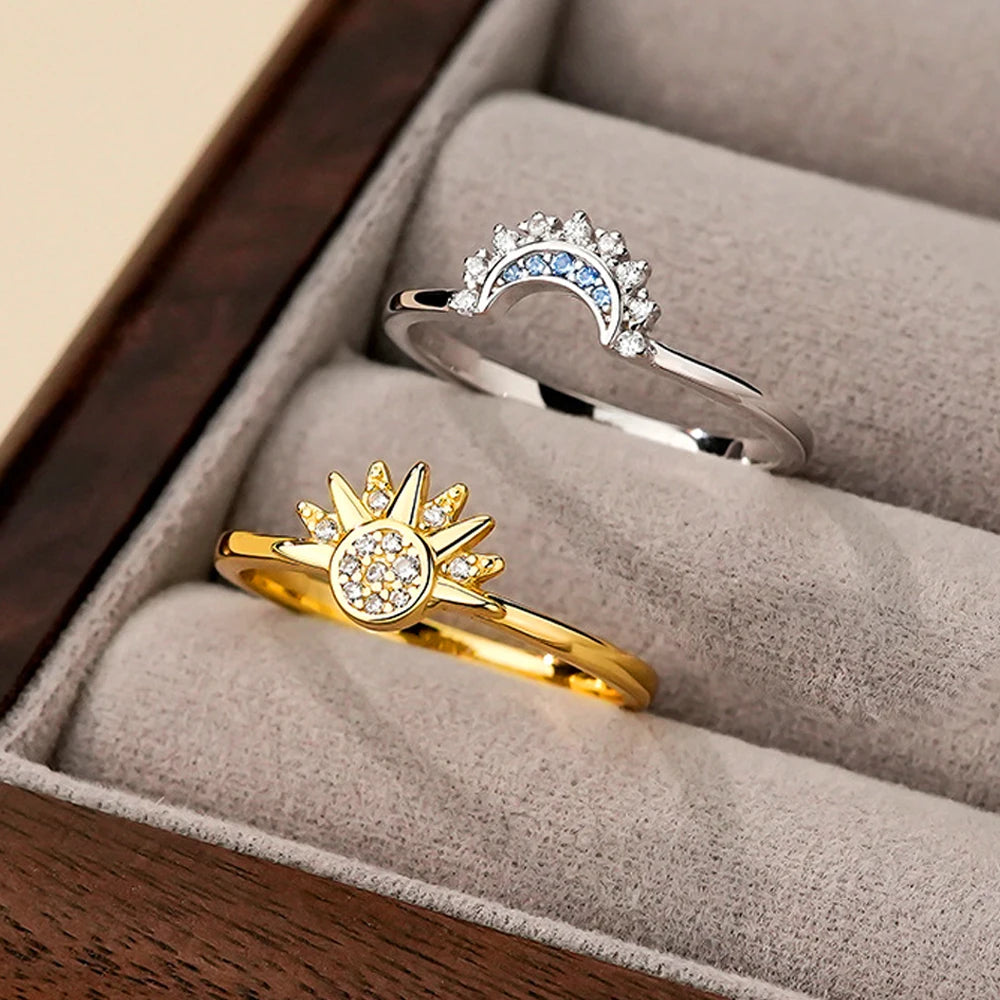 Unisex 925 Sterling Silver Sun & Moon Couple Ring Set — Sky Blue Cubic Zirconia Jewelry — view 6 of jewelry